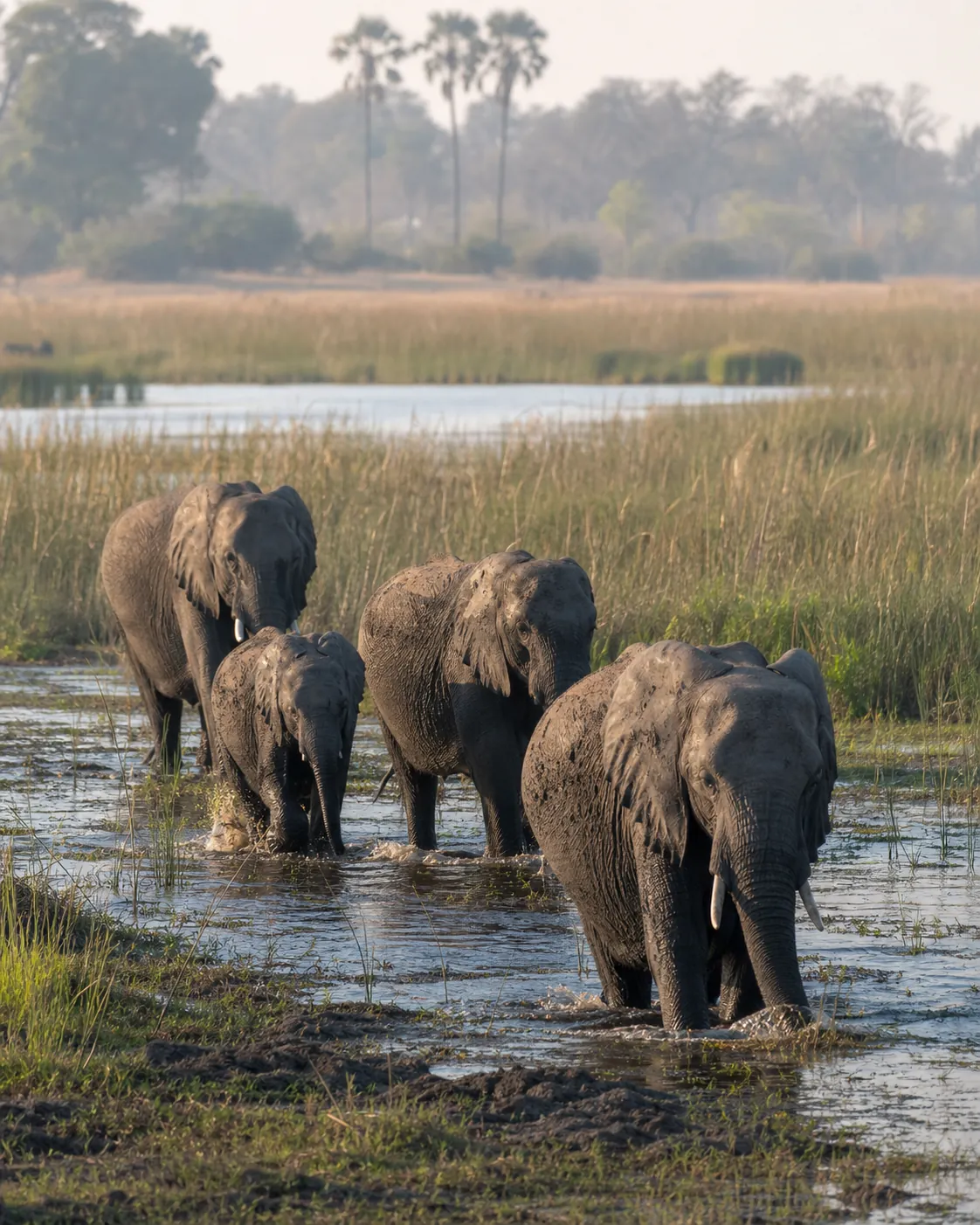 Elephants moving through the Okavango Delta wetlands