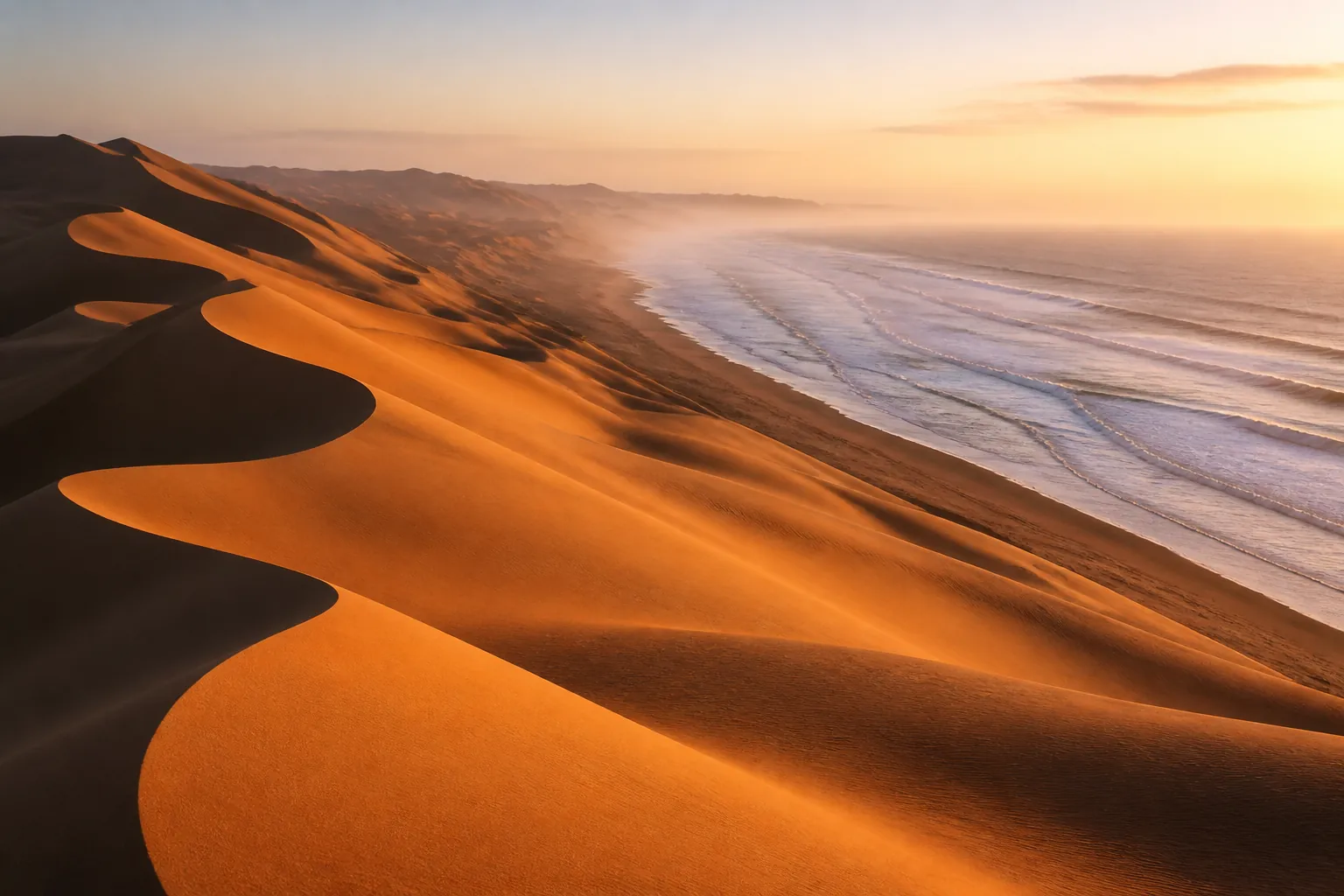 Namibian desert dunes at sunrise