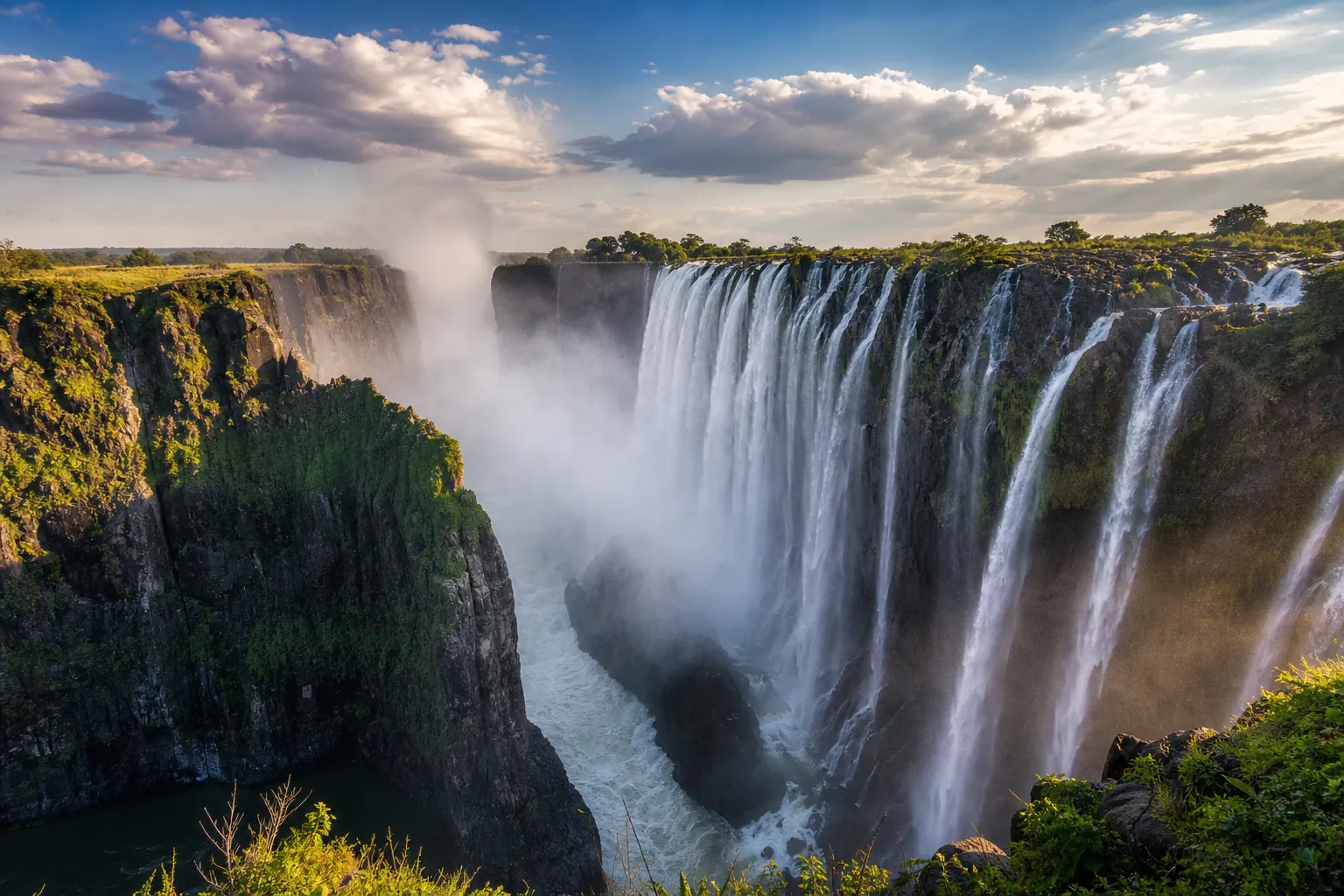 Victoria Falls spray rising above the gorge