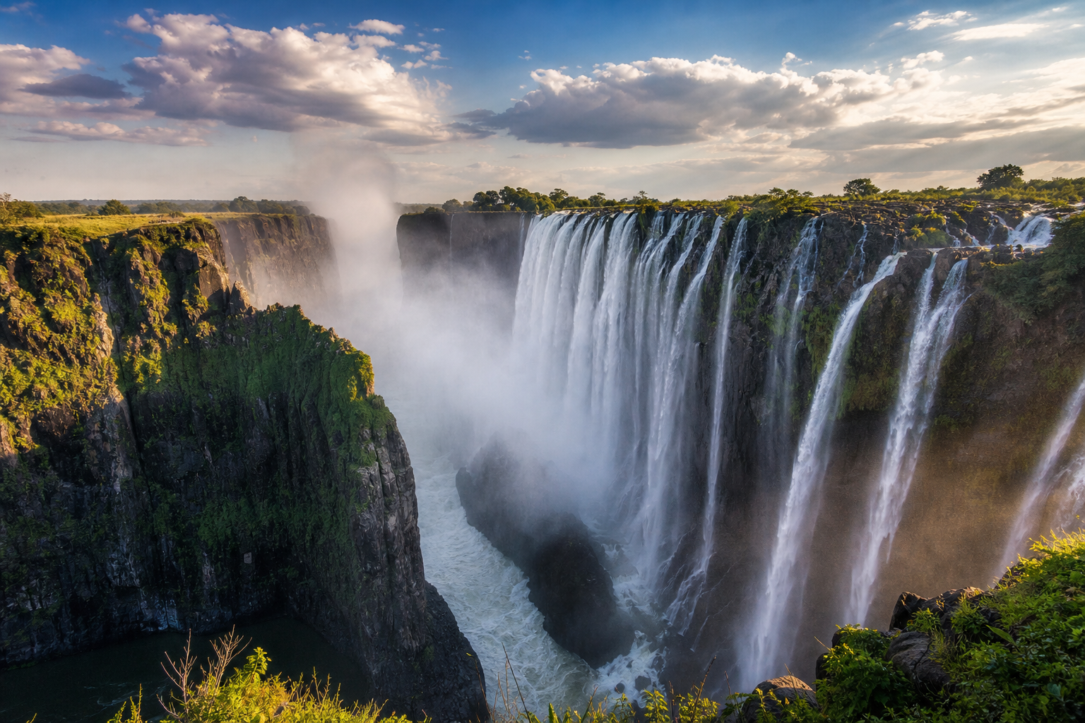 Victoria Falls spray rising above the gorge