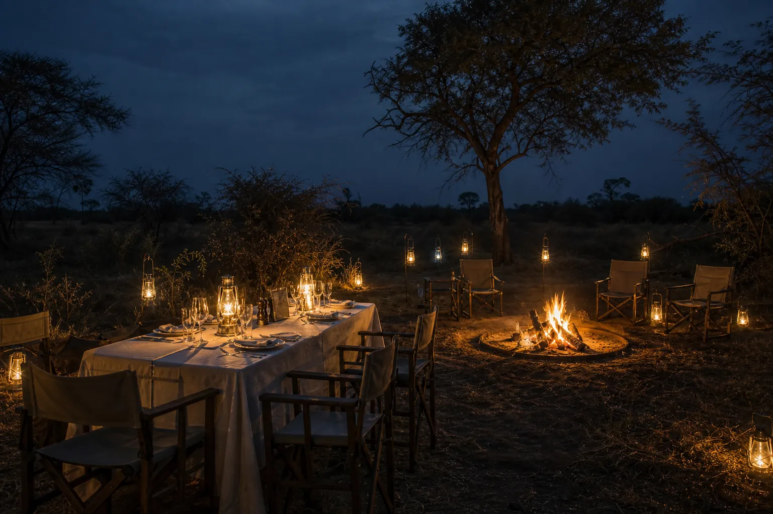 Private bush dinner by a contained campfire