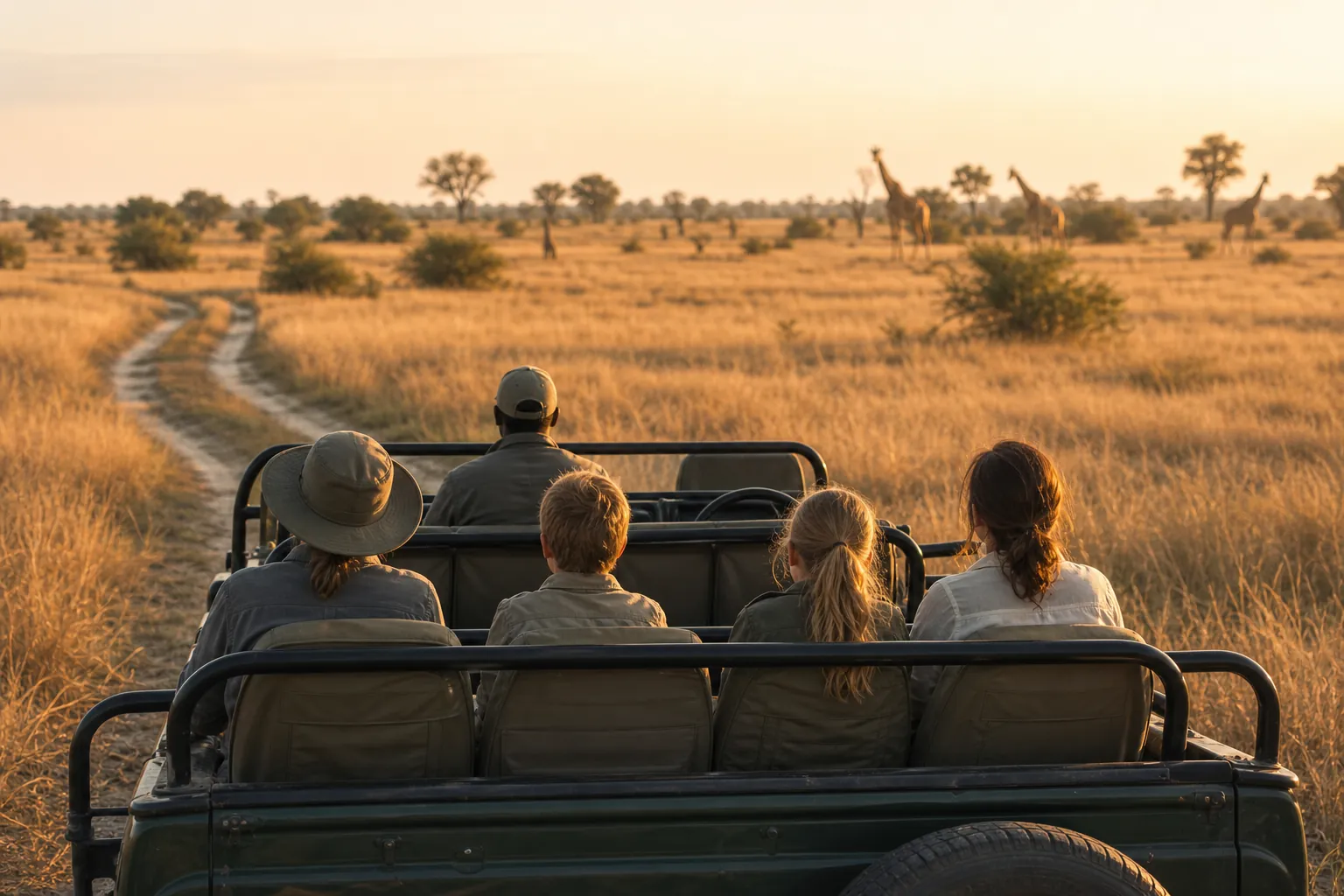 Family safari vehicle heading into Botswana wilderness
