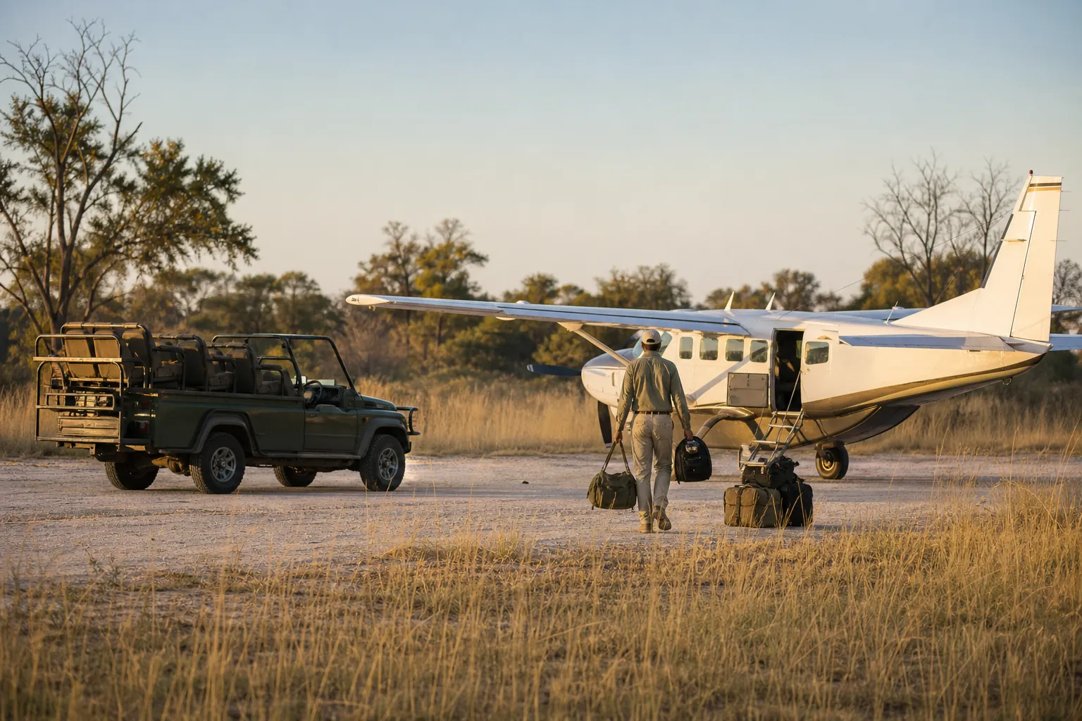 Safari fly-in logistics at a Botswana bush airstrip